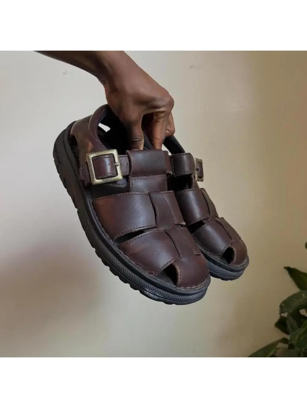 Vintage 90s Skechers Brown Leather Chunky Fisherman Sandal Men’s US 9